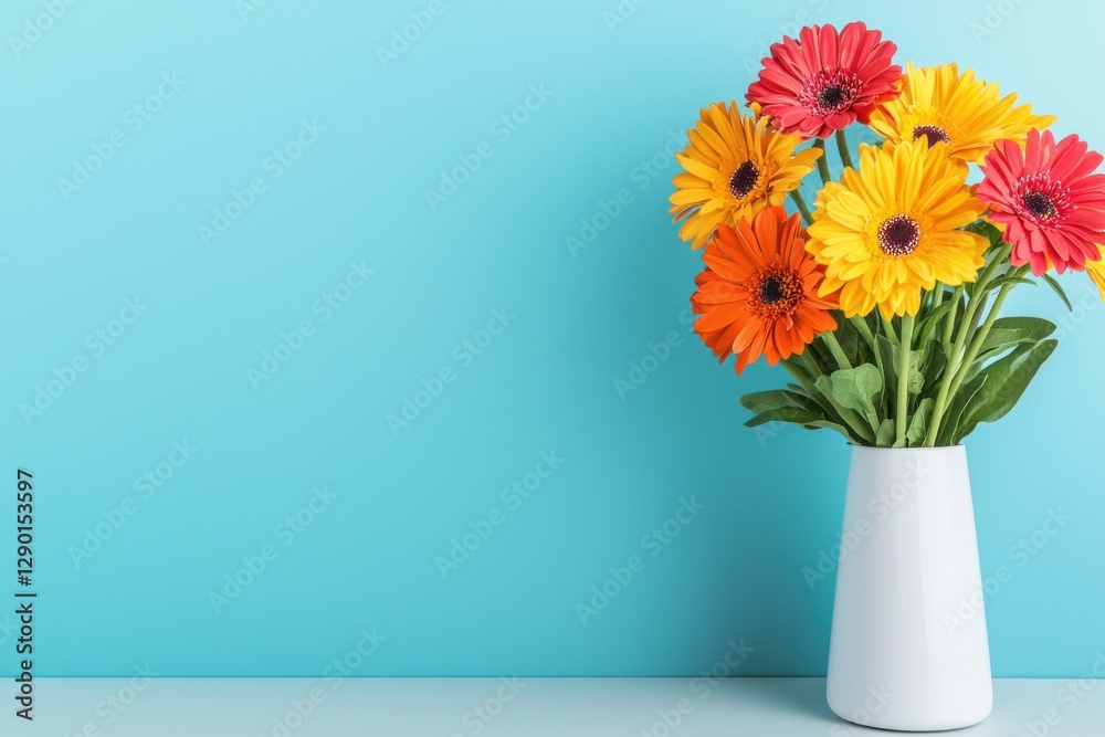 Cheerful bouquet of colorful gerbera daisies in a white vase against light turquoise backdrop studio shot Cheerful bouquet of colorful gerbera daisies in a white vase against light turquoise backdrop studio shot