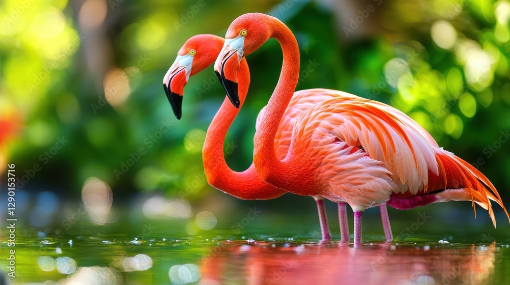 Obraz premium Graceful flamingos wading in tranquil water with vibrant plumage and blurred green background creating a serene and captivating nature scene