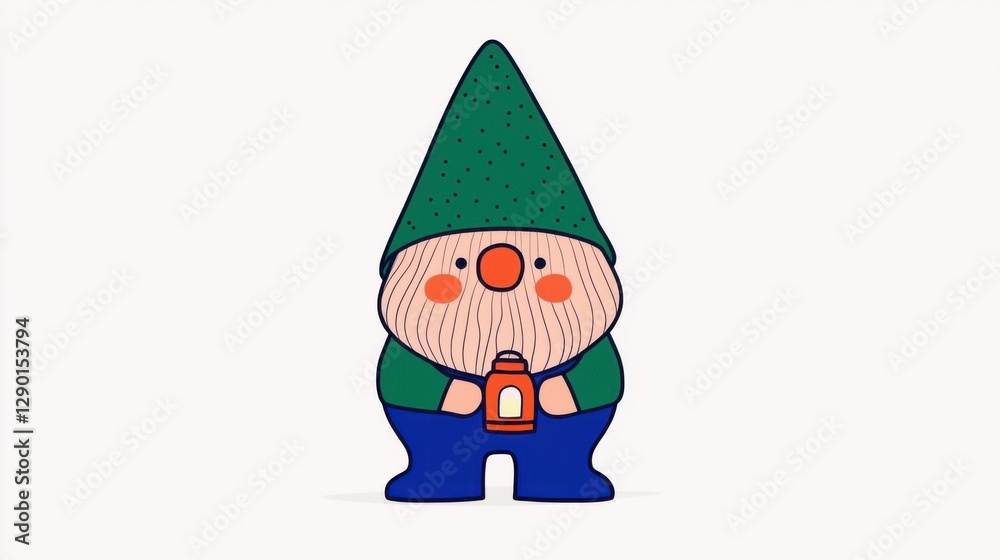 A whimsical gnome with a green hat, colorful cheeks, and a lantern, standing in a playful, cartoonish style. A whimsical gnome with a green hat, colorful cheeks, and a lantern, standing in a playful, cartoonish style.