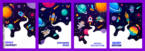 Space posters and flyers, cartoon astronauts, aliens, galaxy landscape, ufo, spaceship and space stars, vector background. Kid spaceman in galaxy world with aliens and rockets in galactic sky planets