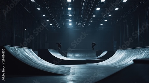 Skateboarding in an indoor skatepark at night with dramatic lighting creating a moody and dynamic atmosphere for extreme sports