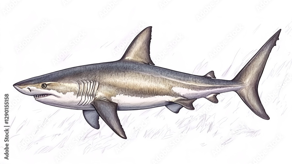 Obraz premium Detailed Gray Shark Illustration Swimming on White Background