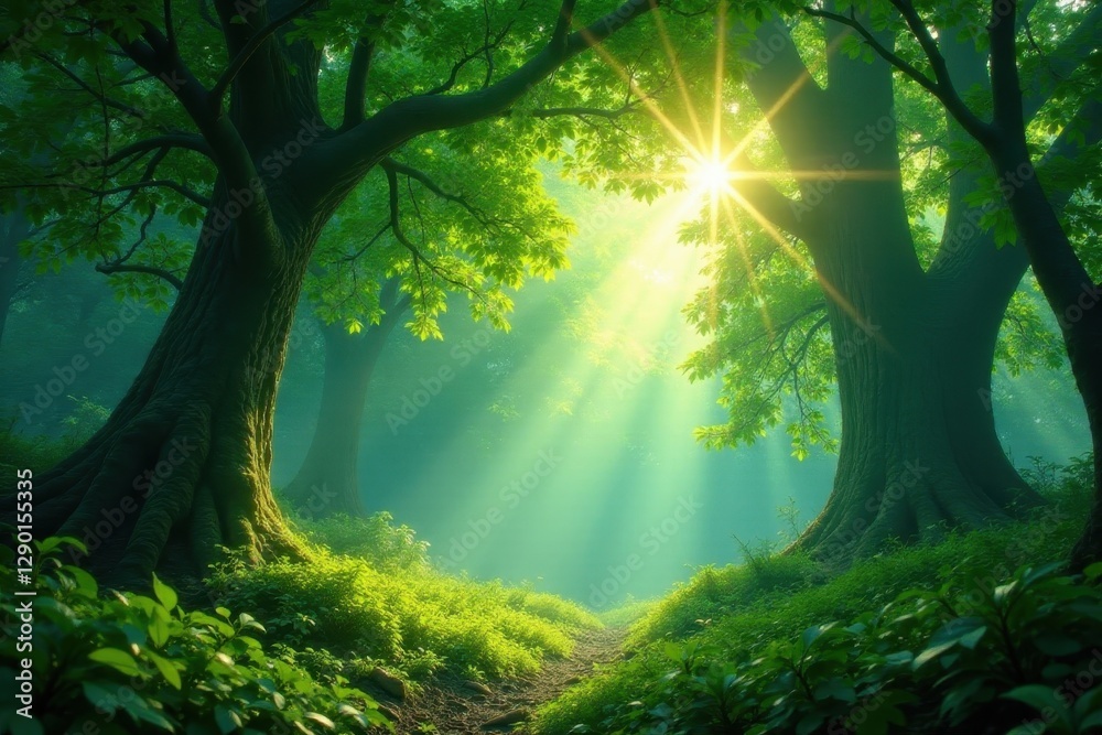 Obraz premium Deep emerald canopy, sunlight filtering through , nature, shadow