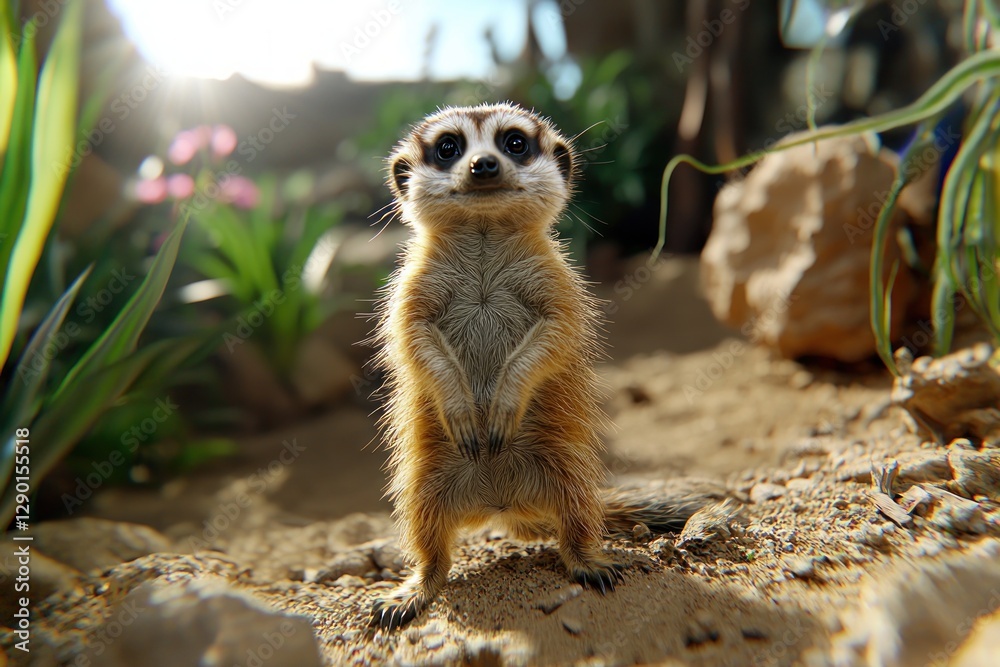 Fototapeta premium Adorable meerkat standing upright in natural habitat captivating gaze sunny day wildlife photography