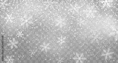 Realistic snowfall effect with snowflakes on transparent background. Christmas winter snow flakes descending from the sky, reflects serene artistry of nature in its fleeting journey to the ground