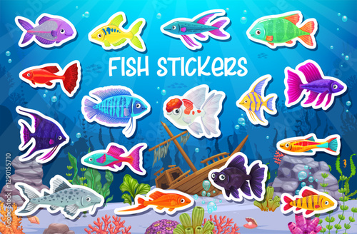 Cartoon aquarium fish stickers with tropical fishes in underwater landscape, vector background. Aquarium fishes stickers with funny bright colorful guppy, goldfish and blue tang with sunken ship boat