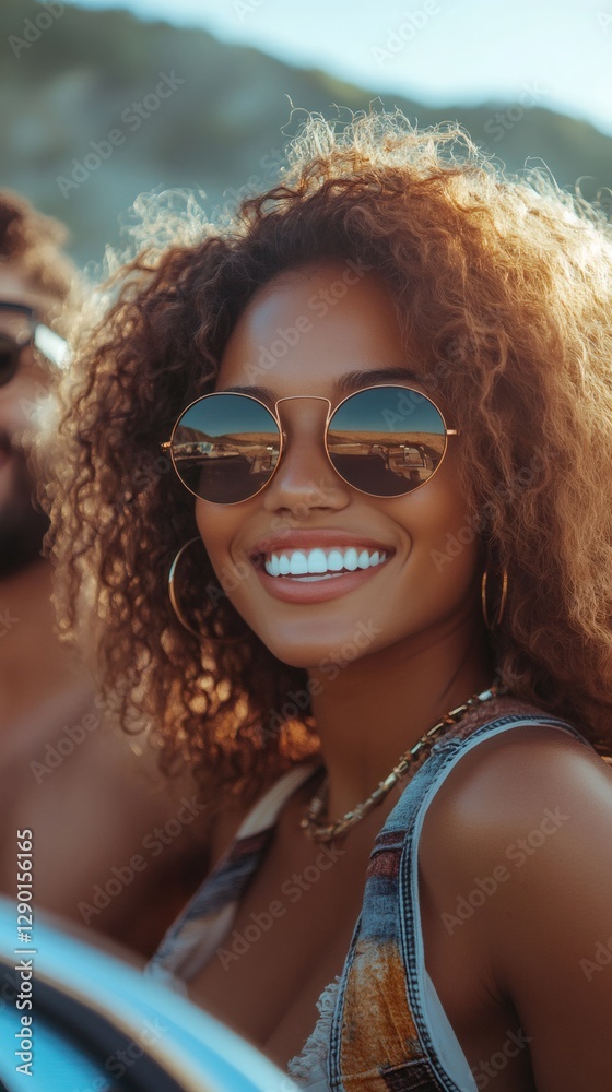 Young woman wearing sunglasses is smiling during a road trip Young woman wearing sunglasses is smiling during a road trip