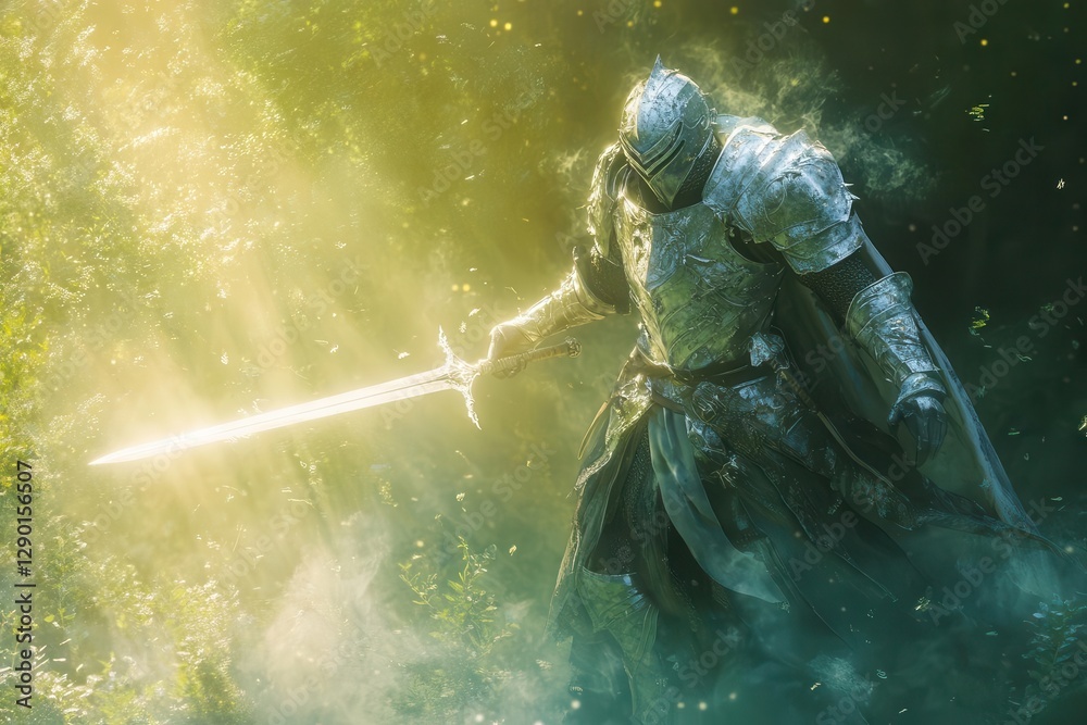 Fototapeta premium luminous knight in radiant silver armor charging through a misty emerald forest, glowing sword raised, golden dawn breaking, epic heroic valor, dynamic mystical power.