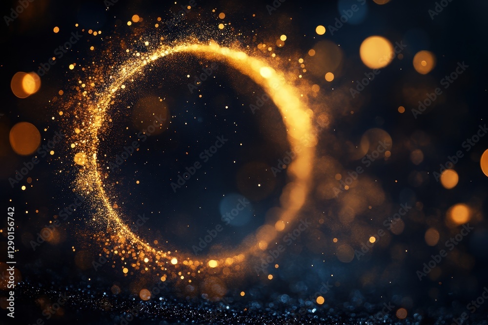 Golden glitter circle on dark background. Ideal for celebratory designs, adding a touch of magic and luxury. Golden glitter circle on dark background. Ideal for celebratory designs, adding a touch of magic and luxury.