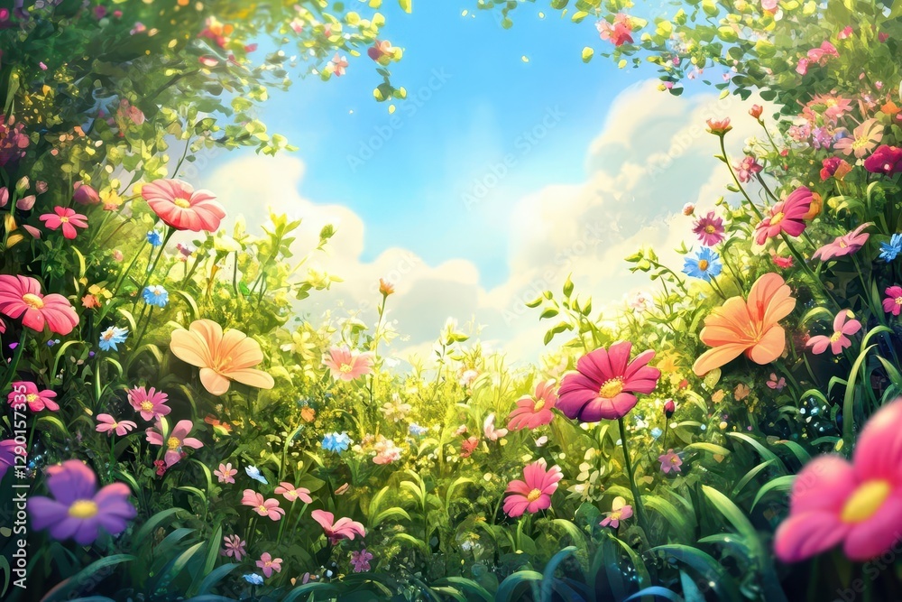 lush garden bursting with whimsical cartoon flowers under a bright blue sky, vibrant pinks and greens, golden sunlight spilling over, cheerful and imaginative outdoor scene. lush garden bursting with whimsical cartoon flowers under a bright blue sky, vibrant pinks and greens, golden sunlight spilling over, cheerful and imaginative outdoor scene.