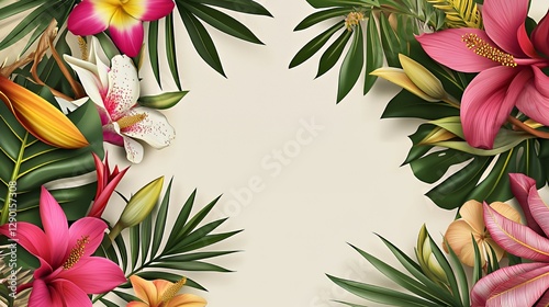 Vibrant Tropical Flowers and Palm Leaves Frame on Beige Background