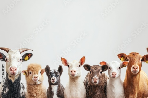 Vibrant Color Visual of World Animals Day Collection Farm Animals on Grey White Background