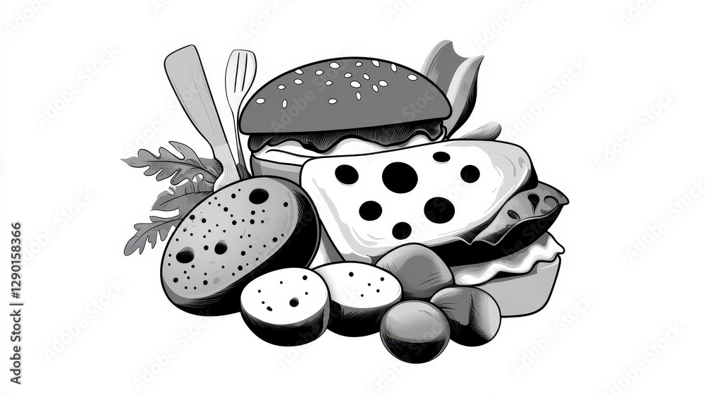 Black and White Illustration of Hamburger with Potato and Vegetables Black and White Illustration of Hamburger with Potato and Vegetables