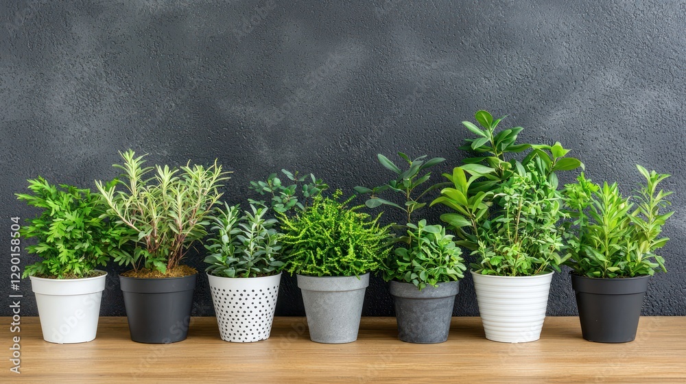 Diverse potted plants on wooden shelf against a dark textured wall creating a serene indoor garden vibrant greenery and natural light Diverse potted plants on wooden shelf against a dark textured wall creating a serene indoor garden vibrant greenery and natural light