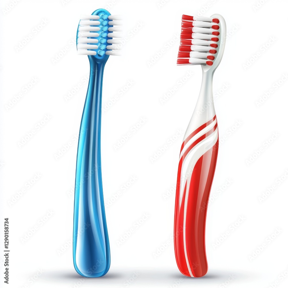 Colorful manual toothbrushes in blue and red design with bristles for dental hygiene and oral care routine on white background Colorful manual toothbrushes in blue and red design with bristles for dental hygiene and oral care routine on white background