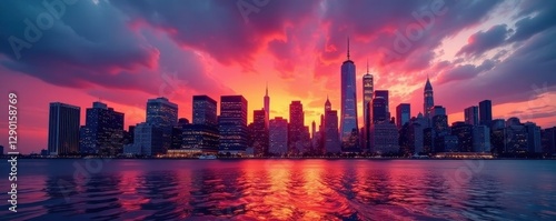 Downtown NYC skyline sunset, vibrant colors reflecting on glass towers , real estate, night
