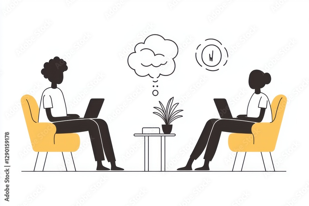 Fototapeta premium Healthcare Virtual Reality Therapies. Two people working on laptops in a cozy, modern setting.