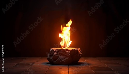 Burning fire on a stone in a dark setting.
