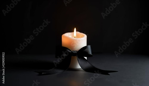 Lit white candle with black ribbon in a dark setting.