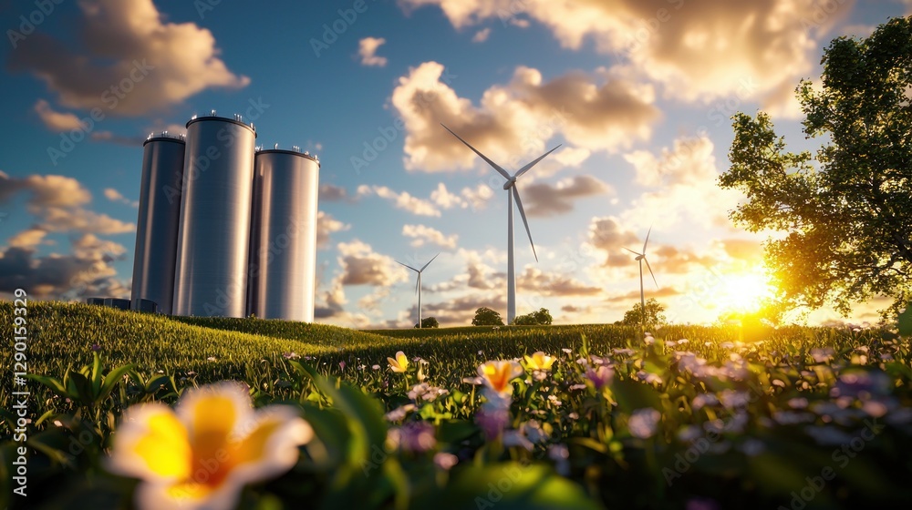Obraz premium Serene Landscape Featuring Wind Turbines and Silos at Sunset with a Field of Flowers Under a Cloudy Sky Promoting Sustainable Energy