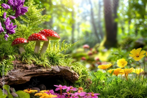 Enchanted woodland scenery of vibrant red mushrooms and floral display in light green grass forest backdrop photo