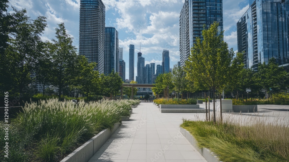 A city park with sustainable urban architecture in the background. A city park with sustainable urban architecture in the background.