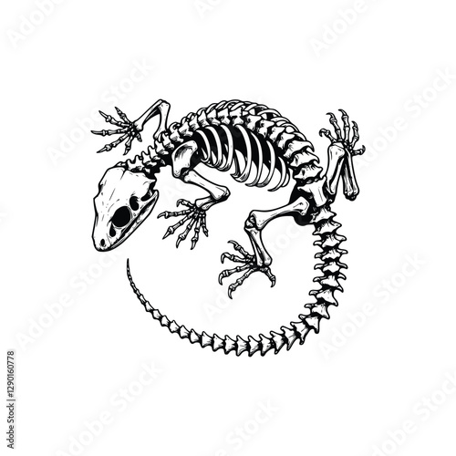 black and white illustration of gecko skeleton, hand drawn vintage style, vector illustration