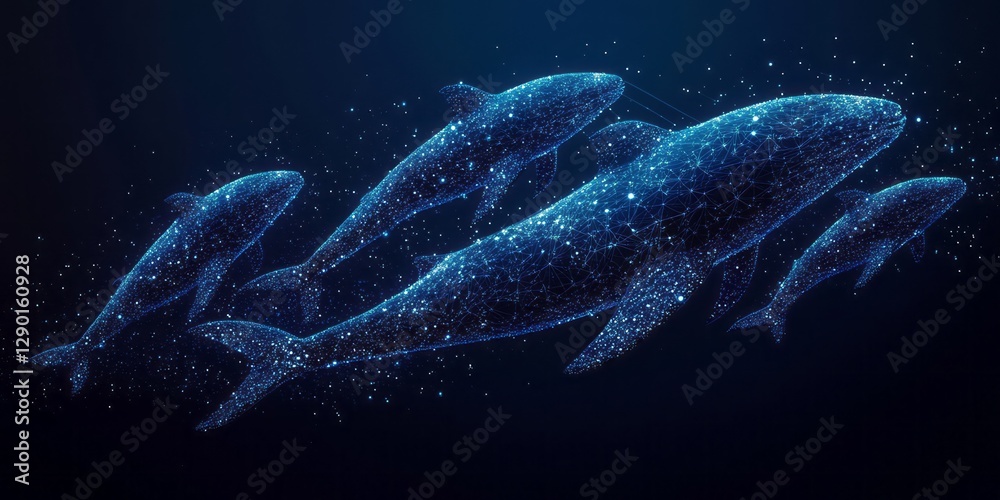 Fototapeta premium Digital whales swim gracefully through a dark blue universe