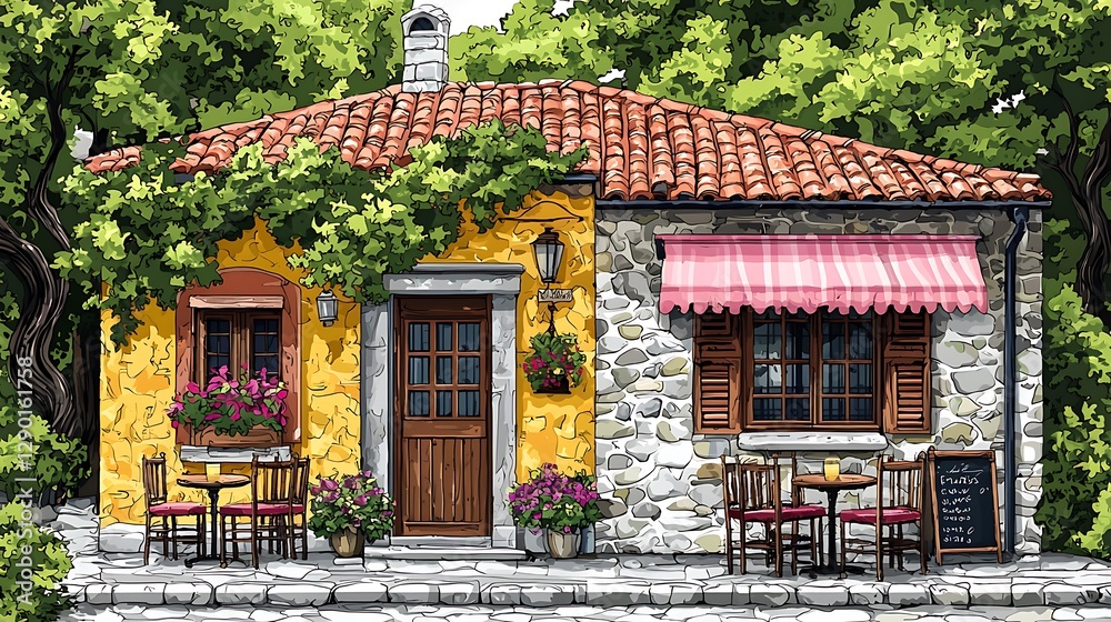 Fototapeta premium Charming Mediterranean Cafe Illustration.