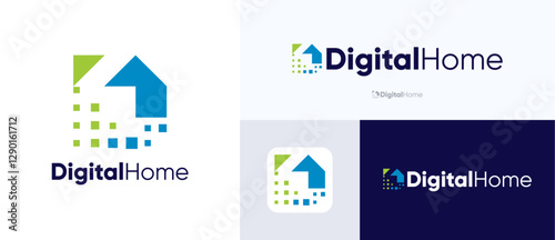 Digital home logo, Home digital logo, Smart house logotype, Pixel home logo sign, Home tech combination with icon pixel, Home database server, Media house vector, Home building consultation logo.
