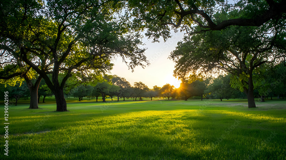 Fototapeta premium Sunset Over a Grassy Field with Trees