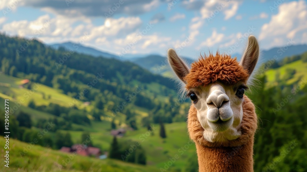 Obraz premium Charming alpaca portrait in scenic mountain landscape with fluffy fur and curious gaze against a bright sky
