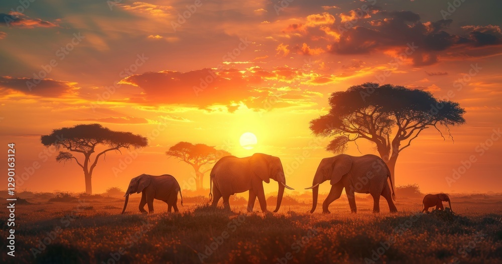 Obraz premium Elephants Silhouettes at Sunset