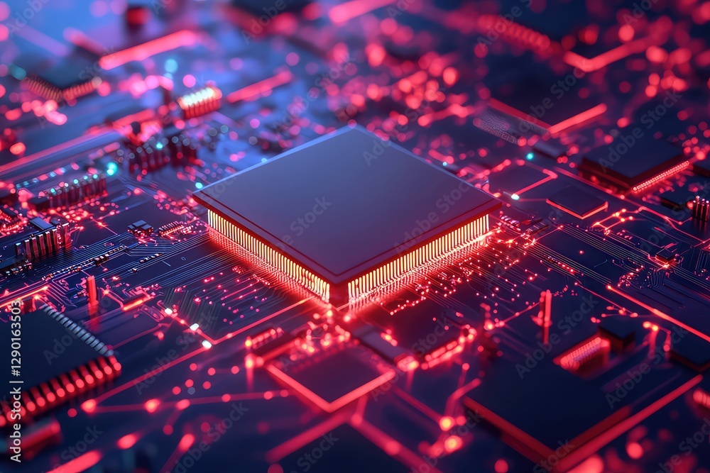 A cybernetic 3D render of a CPU chip transmitting data through a next-gen 5G network. A cybernetic 3D render of a CPU chip transmitting data through a next-gen 5G network.