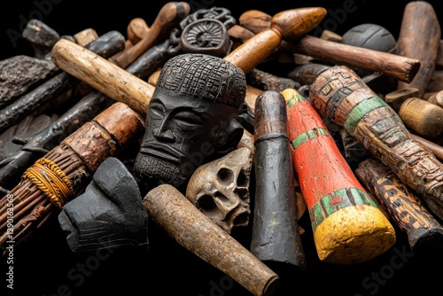 Authentic Wooden Sculpture Collection Tribal Art African Artefact Carved Artistry Detail Richness Heritage Mysterious Decorative Craft Culture