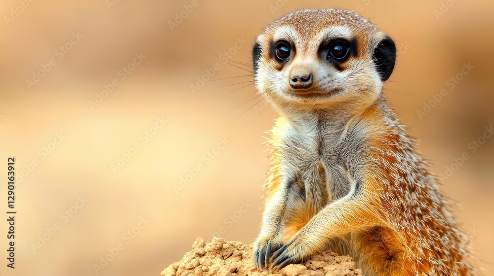 Fototapeta premium Captivating meerkat portrait with expressive eyes on a sandy mound in a warm desert environment