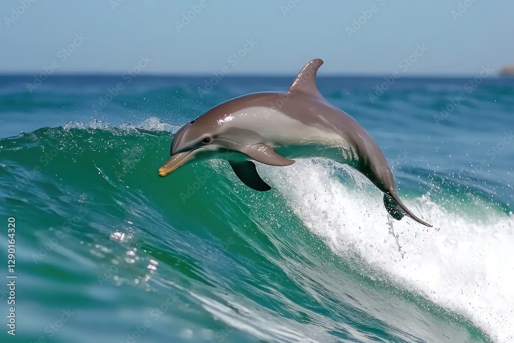 Obraz premium Graceful dolphin leaping from a vibrant ocean wave under a clear sky capturing the essence of marine life and the beauty of nature