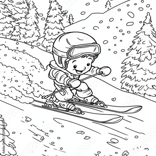 Happy Child Skiing Down Snowy Mountain - Coloring Page Illustration