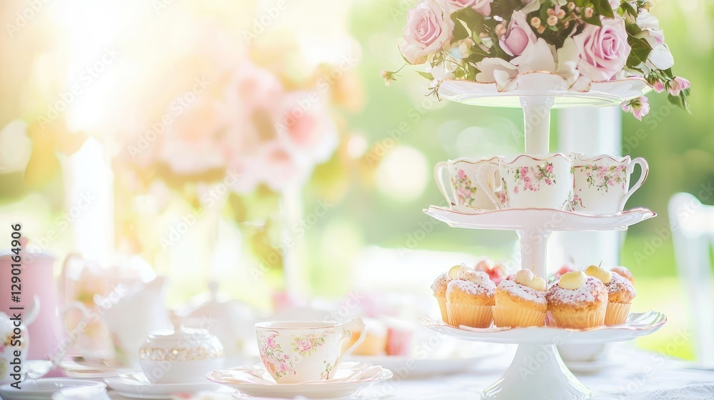 Elegant tea party setting with floral china tiered stand and cupcakes in a bright garden backdrop capturing a serene and inviting atmosphere for afternoon tea Elegant tea party setting with floral china tiered stand and cupcakes in a bright garden backdrop capturing a serene and inviting atmosphere for afternoon tea