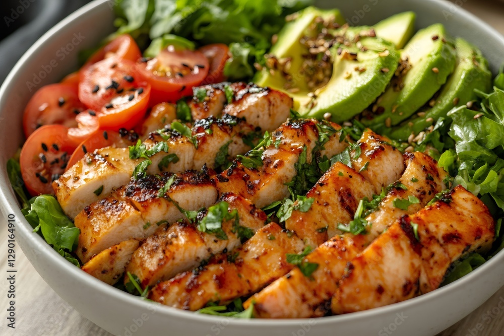 Grilled chicken salad with avocado, tomatoes, lettuce and sesame seeds dressing Grilled chicken salad with avocado, tomatoes, lettuce and sesame seeds dressing