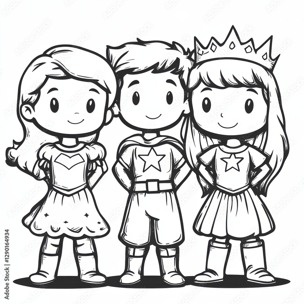 Three Cute Kids Dressed as Superheroes and Princess - Coloring Page Illustration Three Cute Kids Dressed as Superheroes and Princess - Coloring Page Illustration
