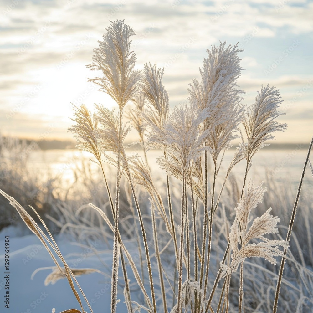 Obraz premium Frozen grasses at sunrise by the lake