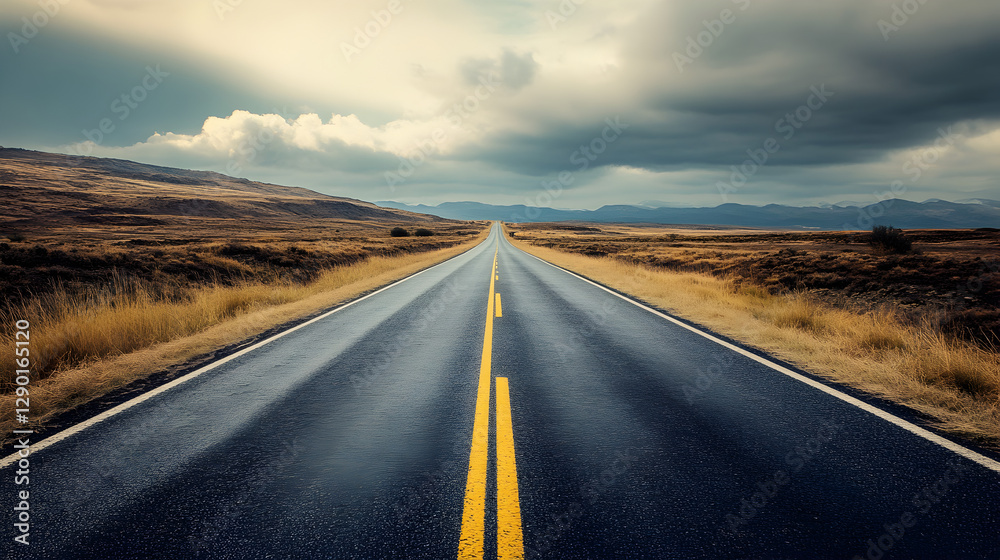 road stretching into the distance, with soft vignetting and a cinematic film tone road stretching into the distance, with soft vignetting and a cinematic film tone