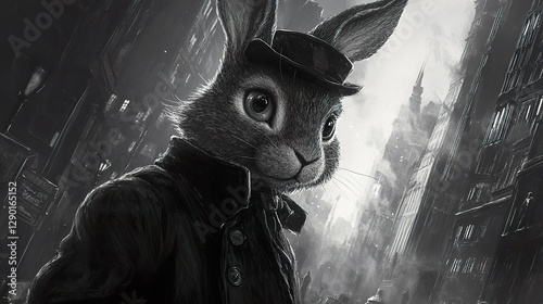 Anthropomorphic rabbit wearing a coat and hat in a city photo