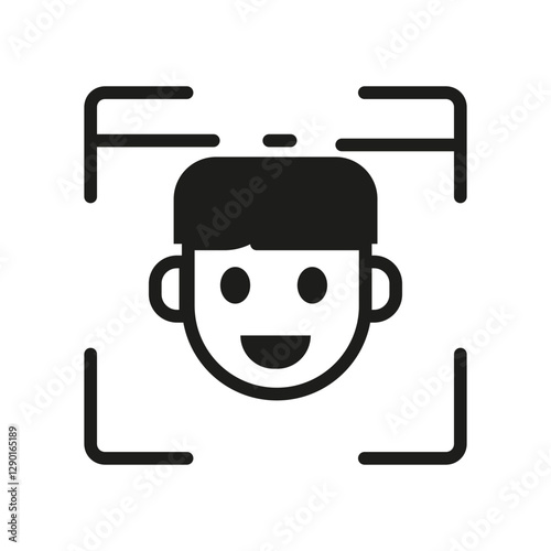 Pixel-perfect black-and-white icon of a smiling face inside a square frame, representing facial recognition, biometric scanning, or digital identity verification
