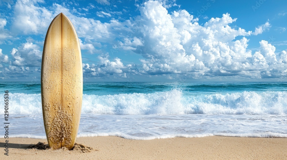 Surfboard standing upright on a serene beach with crashing waves and a vast blue sky filled with fluffy white clouds