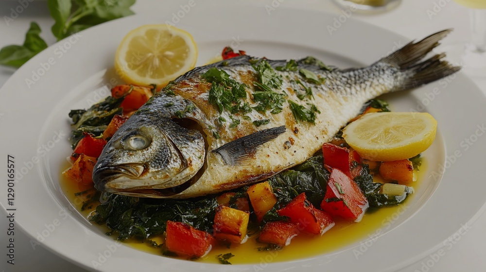 Grilled dorado with roasted vegetables and lemon. Grilled dorado with roasted vegetables and lemon.