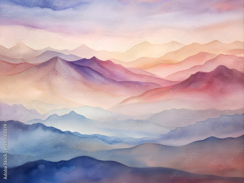 Obraz premium Watercolor Painting of Layered Mountains at Sunset