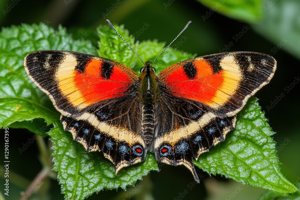 Obraz premium Vivid european peacock butterfly resting on lush green leaf showcasing intricate wing patterns in natural light