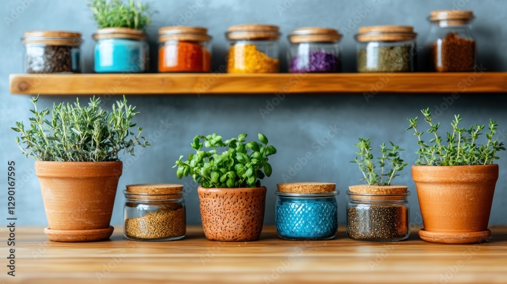 Rustic Kitchen Still Life with Herbs and Spices in Jars on Wooden Shelf and Tabletop Display Rustic Kitchen Still Life with Herbs and Spices in Jars on Wooden Shelf and Tabletop Display